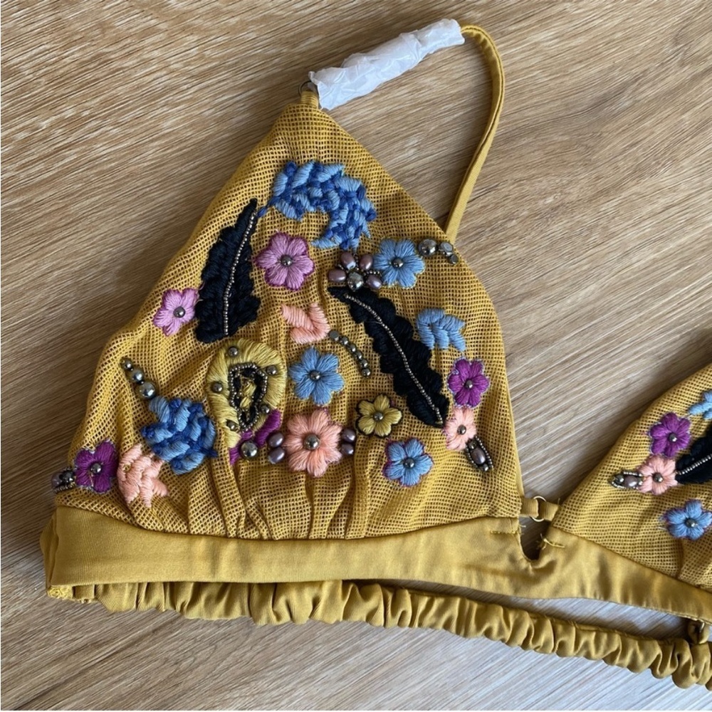 NEW Free People Calla Embellished Mesh Triangle Bralette in Mustard Yellow - Picture 5 of 5